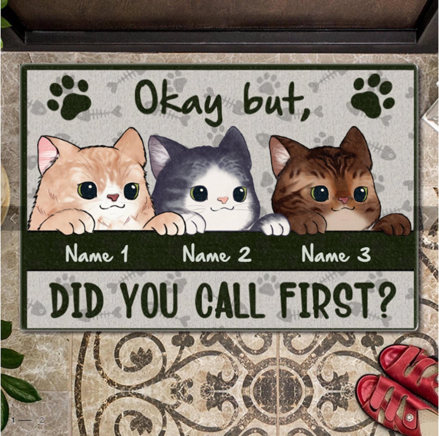 Personalized Funny Chibi Cat Welcome Doormat, Cat Entrance Mat, Welcome Pet Doormat, Housewarming Gift, Okay But But Did You Call First