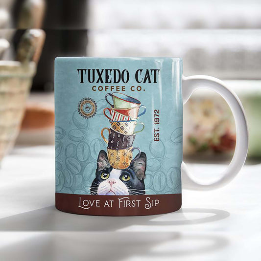 Vintage Tuxedo Cat Love At First Sip Coffee Company Coffee Mug - Retro Cat Mug For Cat Mom Cat Lovers - Tuxedo Company Cat Mug - Cat Gift