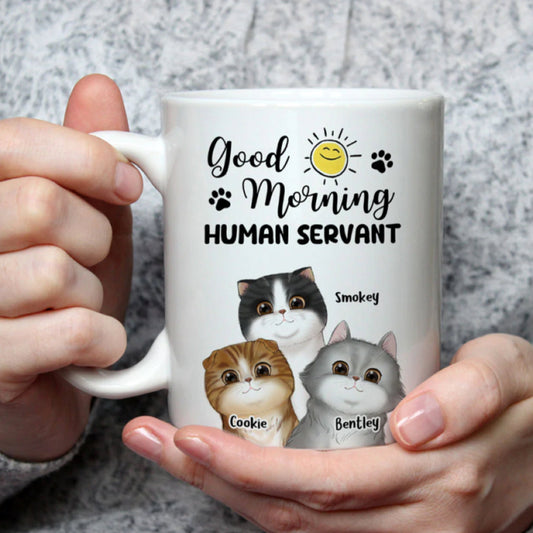 Good Morning Human Servant Cat Personalized Mug, Custom Cat Coffee Mug, Cat Dad, Cat Mom Mug, Gift For Cat Lovers, Vintage Cat Mug