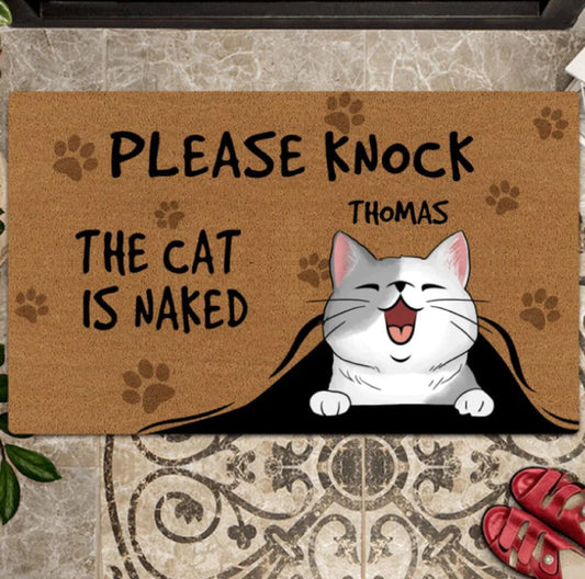 Please Knock The Cat Is Naked Personalized Cat Doormat, Funny Welcome Home Mat, Cat Entrance Mat, Welcome Mat, Outdoor Door Mat