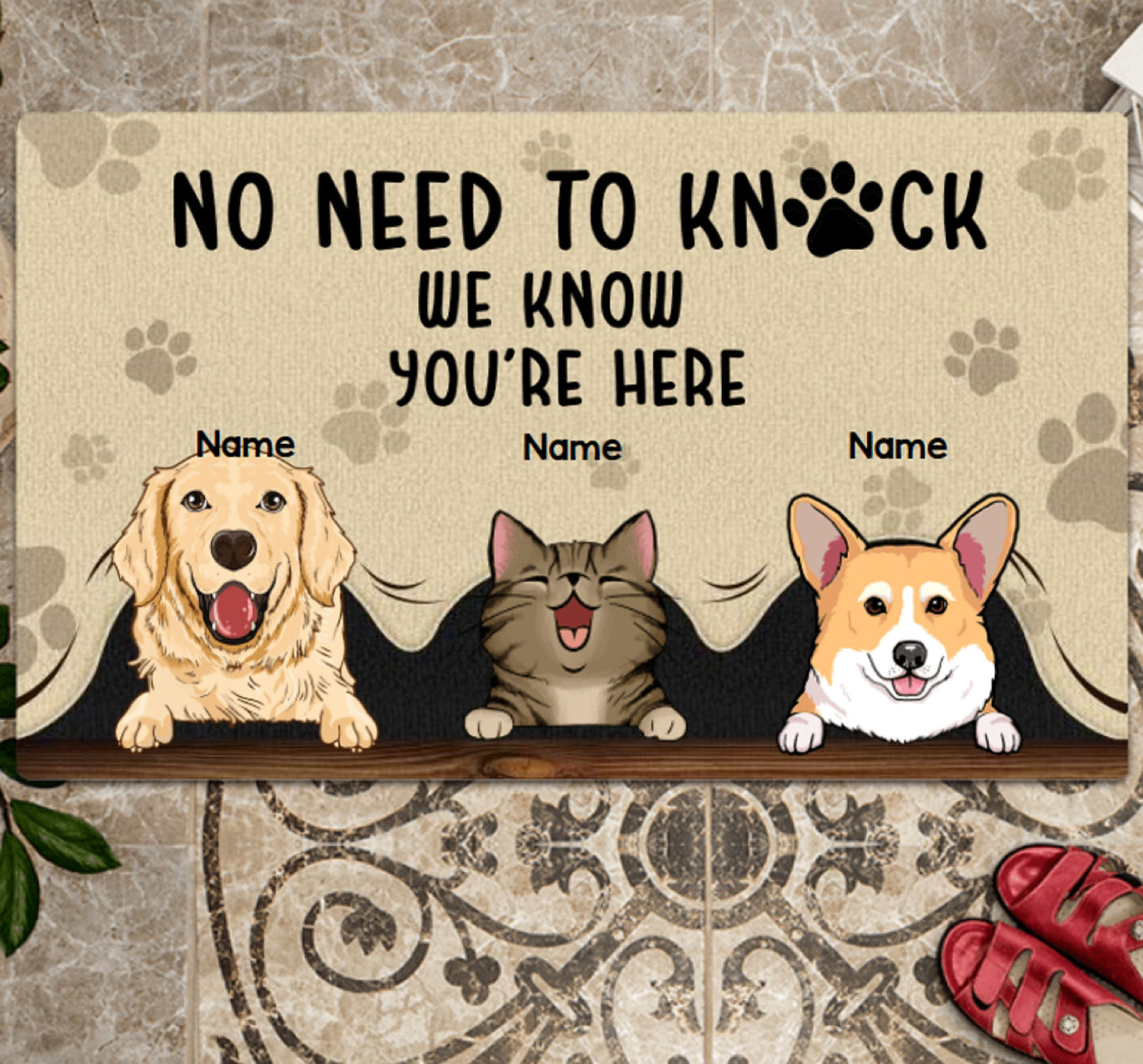 No Need To Knock We Know You Are Here, Personalized Dog Doormat, Funny Welcome Home Mat, Dog Entrance Mat, Welcome Mat, Housewarming Gift