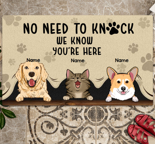 No Need To Knock We Know You Are Here, Personalized Dog Doormat, Funny Welcome Home Mat, Dog Entrance Mat, Welcome Mat, Housewarming Gift