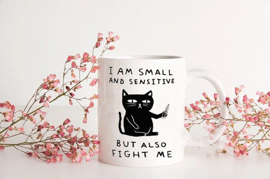 Personalized I Am Small And Sensitive But Also Fight Me Cat Mug, Cat With Knife Mug, Funny Animal Coffee Mug, Cat Mom Mug, Cat Lovers Gifts