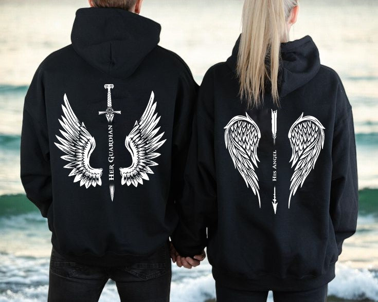 Personalized His Angel, Her Guardian Couple Hoodie, Custom Matching Sweater, Anniversary Gift for Lovers