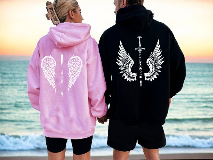 Personalized His Angel, Her Guardian Couple Hoodie, Custom Matching Sweater, Anniversary Gift for Lovers