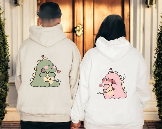 Personalized Kawaii Dinosaur Couple Hoodie, Cute Matching Sweatshirt Gift for Lovers