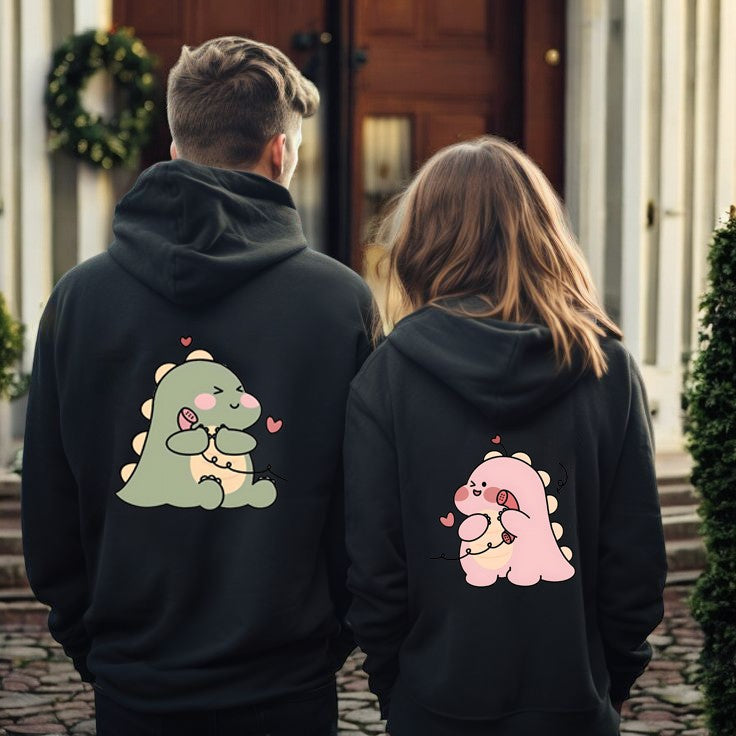 Personalized Kawaii Dinosaur Couple Hoodie, Cute Matching Sweatshirt Gift for Lovers