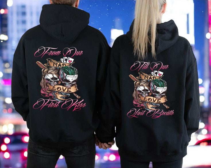 Personalized Halloween Couple Hoodie, 'From Our First Kiss Till Our Last Breath,' Unique Matching Gift for Lovers