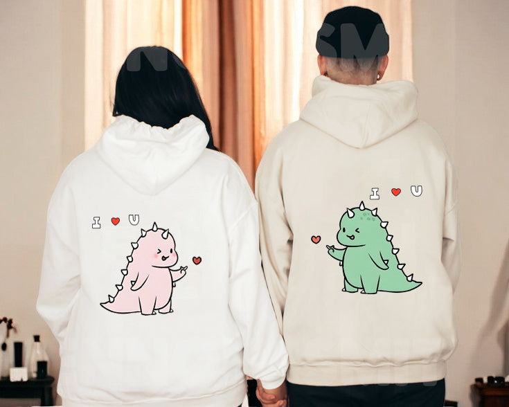 Personalized I Love You Dinosaur Couple Hoodie, Kawaii Matching Sweatshirt, Christmas Gift for Lovers