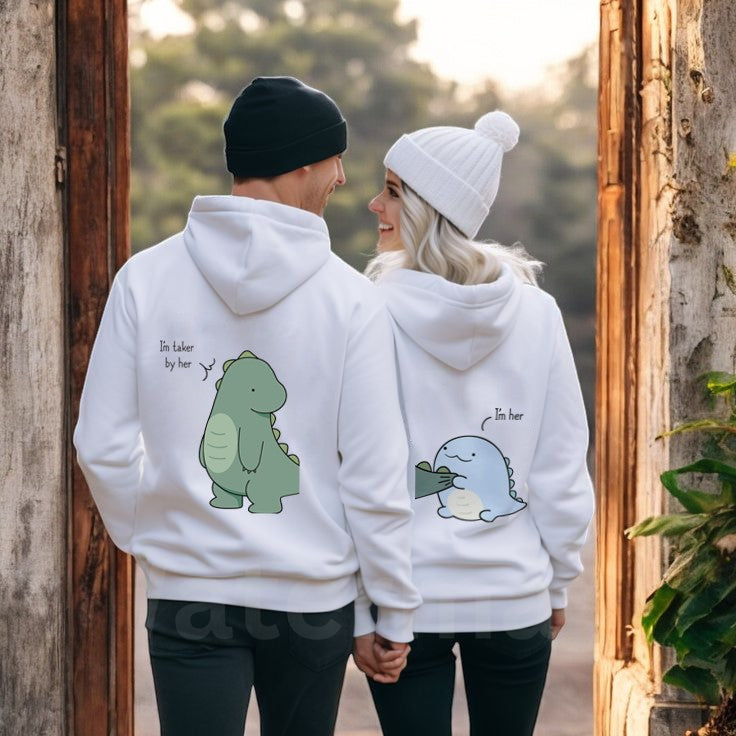 Cute Dinosaur Print Couple Hoodie, Matching Sweatshirt Gift for Lovers, Perfect for Valentine's Day