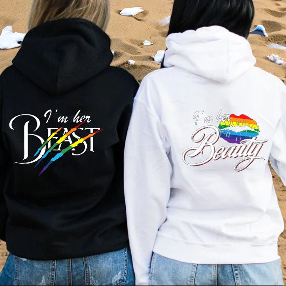 Personalized Couple Hoodie - I'm Her Beast, I'm Her Beauty, Matching LGBT Sweater, Gift for Girlfriend or Wife