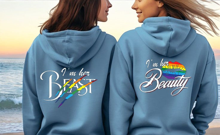 Personalized Couple Hoodie - I'm Her Beast, I'm Her Beauty, Matching LGBT Sweater, Gift for Girlfriend or Wife