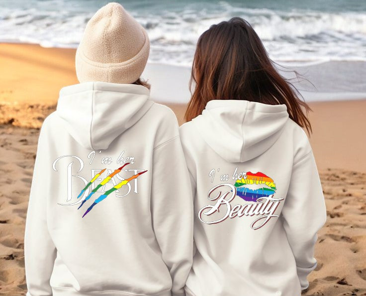 Personalized Couple Hoodie - I'm Her Beast, I'm Her Beauty, Matching LGBT Sweater, Gift for Girlfriend or Wife