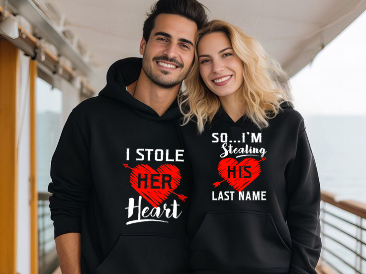 Personalized 'I Stole Her Heart, So I'm Stealing His Last Name' Couple Hoodie, Matching Christmas Gift Sweatshirt for Lovers