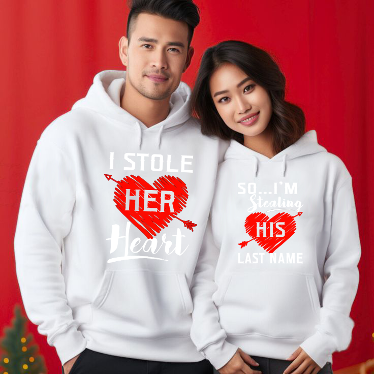 Personalized 'I Stole Her Heart, So I'm Stealing His Last Name' Couple Hoodie, Matching Christmas Gift Sweatshirt for Lovers