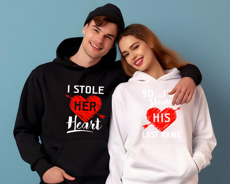 Personalized 'I Stole Her Heart, So I'm Stealing His Last Name' Couple Hoodie, Matching Christmas Gift Sweatshirt for Lovers