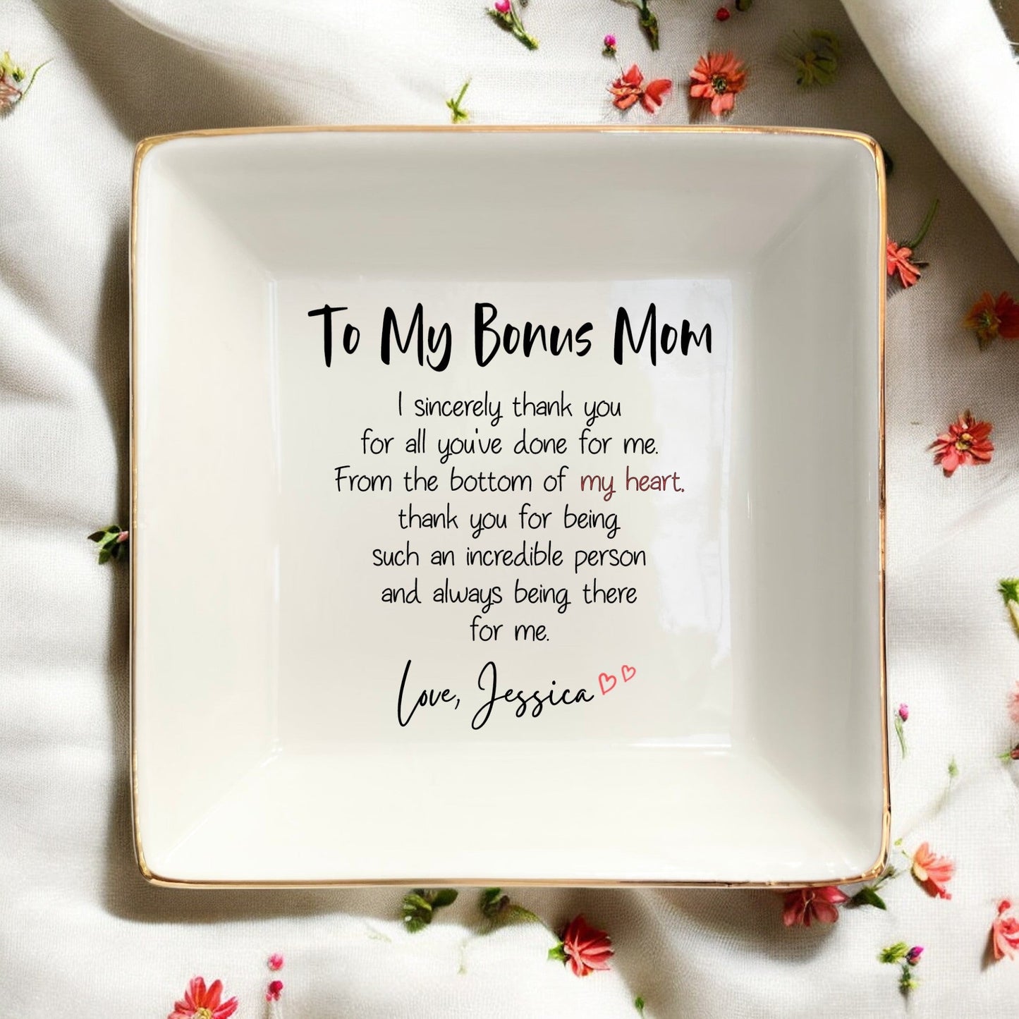 To My Bonus Mom Ring Dish for Bonus Mother-Trinket Tray,Jewelry Dish Gifts For Mom-In-Law Mother's Day,Wedding,Birthday,Christmas Gift