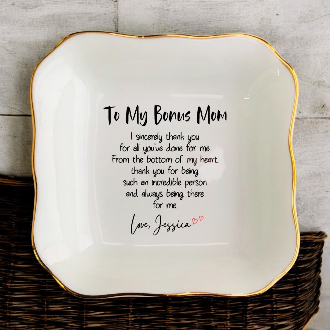 To My Bonus Mom Ring Dish for Bonus Mother-Trinket Tray,Jewelry Dish Gifts For Mom-In-Law Mother's Day,Wedding,Birthday,Christmas Gift