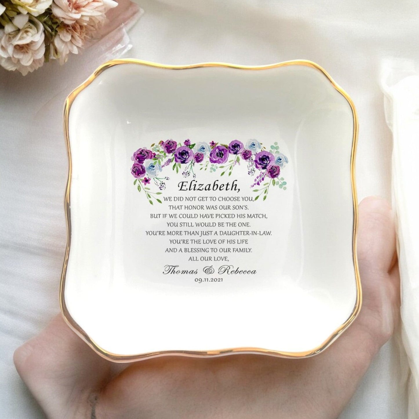 Daughter In Law Jewelry Dish, Gift For Bride, Gift From Mother In Law, Bride To Be Gift From Mother Of The Groom, Bridal Shower Floral Gifts