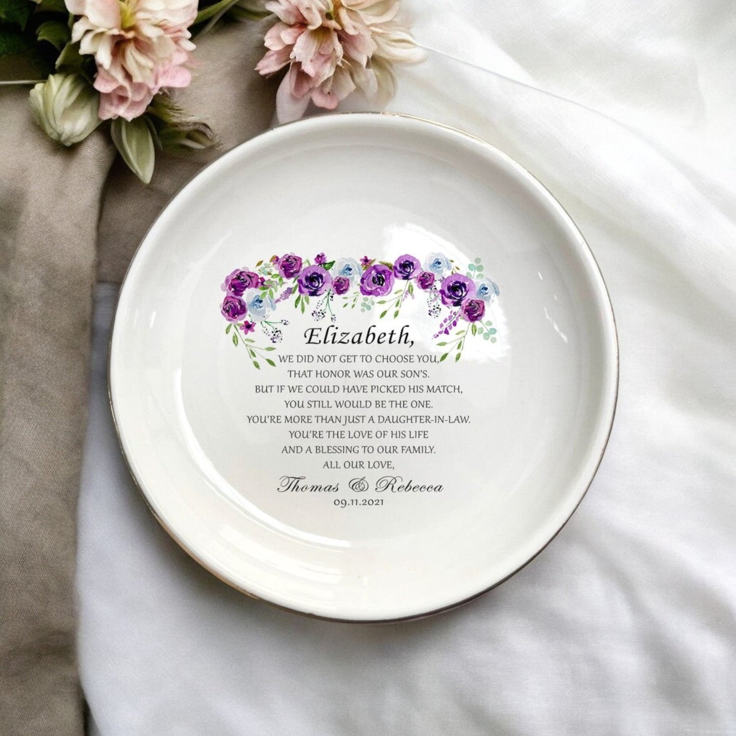 Daughter In Law Jewelry Dish, Gift For Bride, Gift From Mother In Law, Bride To Be Gift From Mother Of The Groom, Bridal Shower Floral Gifts