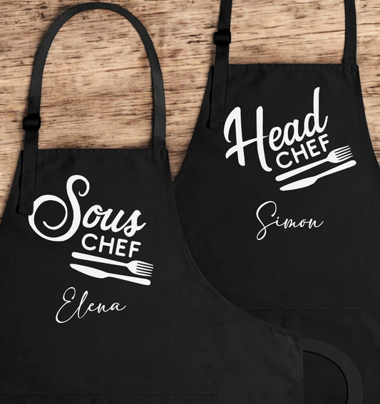 Head Chef Sous Chef Personalized Apron, Couple Matching Apron, Cooking Apron, House Warming Gifts For Couples, Valentines Gifts For Husband