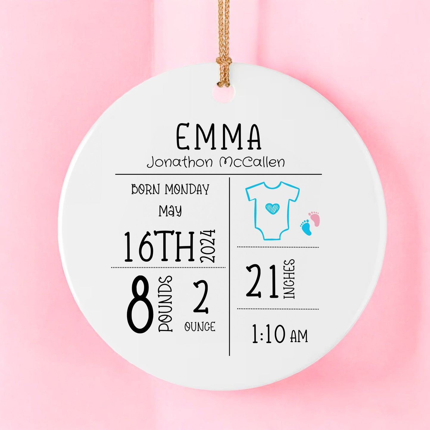 Personalized Birth Announcement Ornament | Unique Custom Baby Shower Gift Keepsake