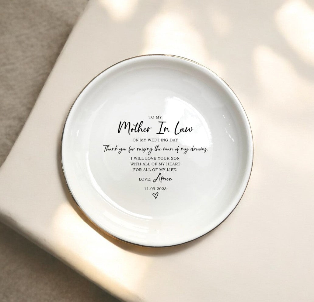 Unique Wedding Ring Dish | Personalized Mother of the Groom Gift | Ceramic Jewelry Holder - Thank You For Raising The Man Of My Dreams Ring Dish