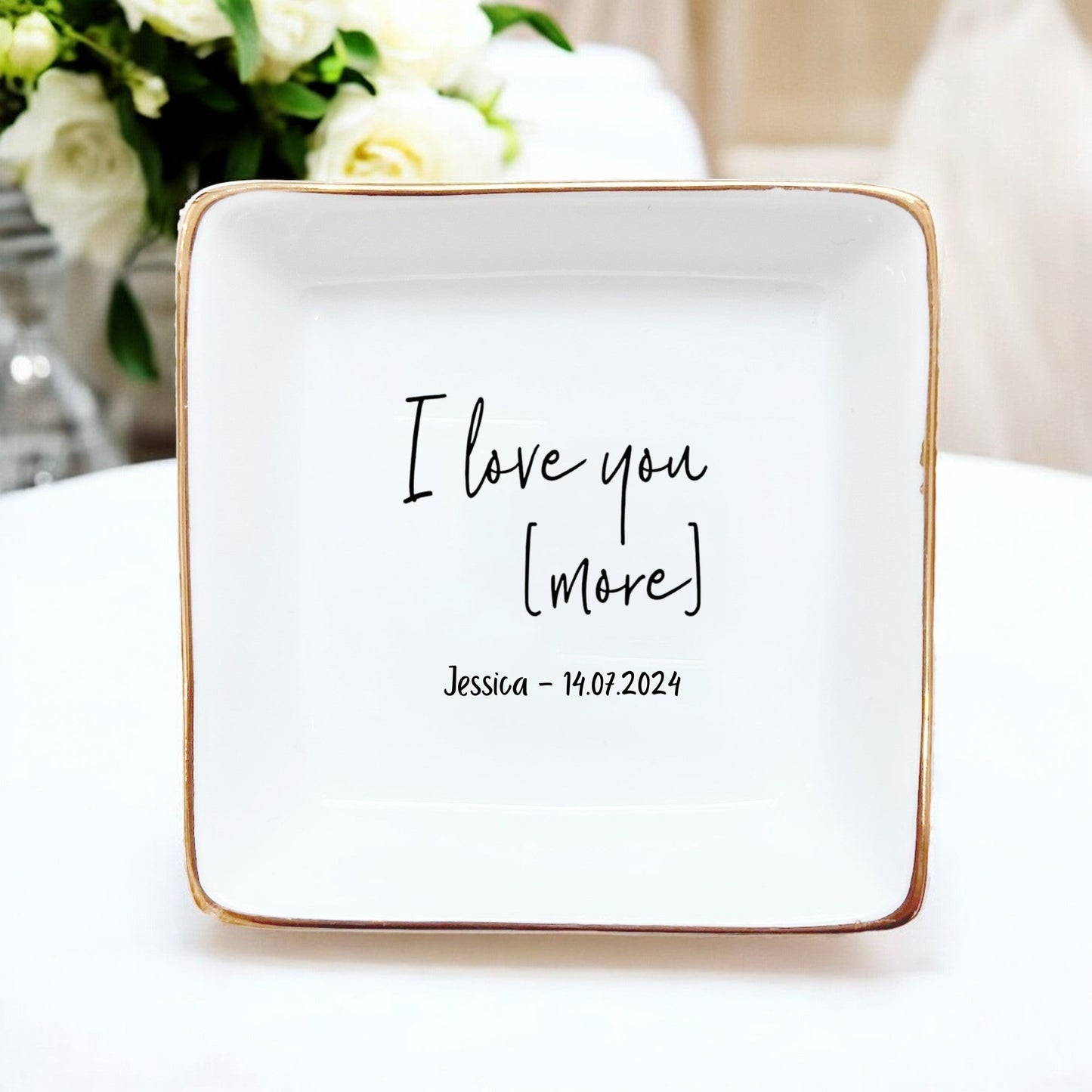 Personalized Ceramic Ring Dish for Couples - I Love You More Jewelry Dish for Wedding Gift, Valentine Birthday Gift