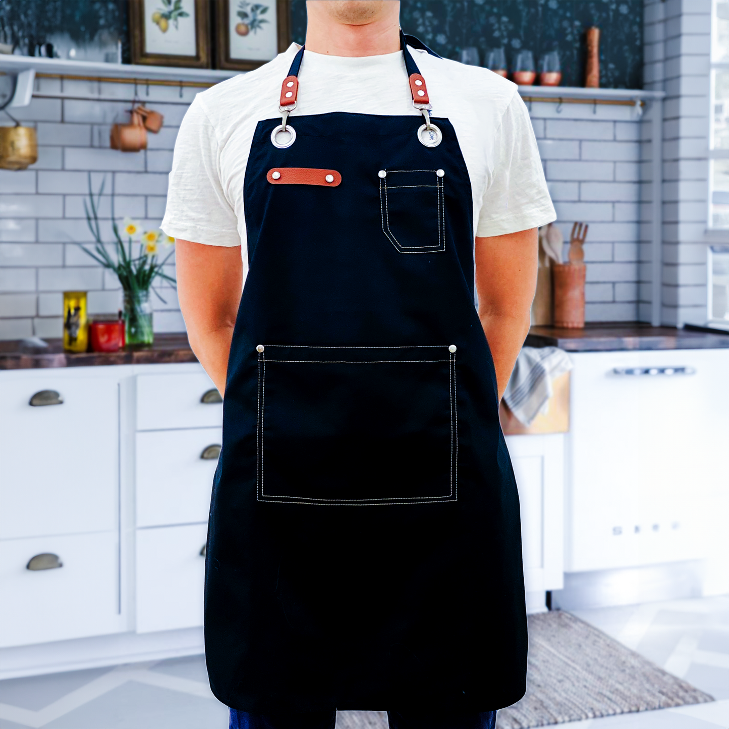 Leather Accent Aprons with Pockets, Adjustable Bib Apron - Durable & Stylish Cooking Gifts