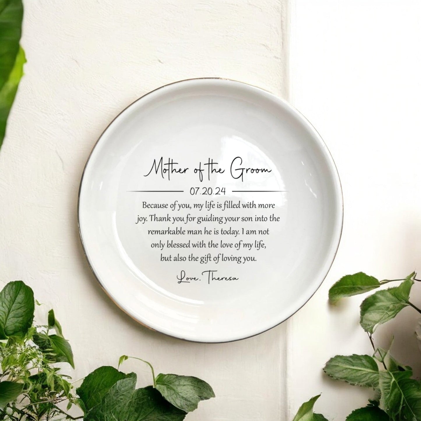 Personalized Mother of the Groom Ring Dish | Custom Jewelry Holder, Ceramic Trinket Tray - Thank you for guiding your son into the remarkable man he is today