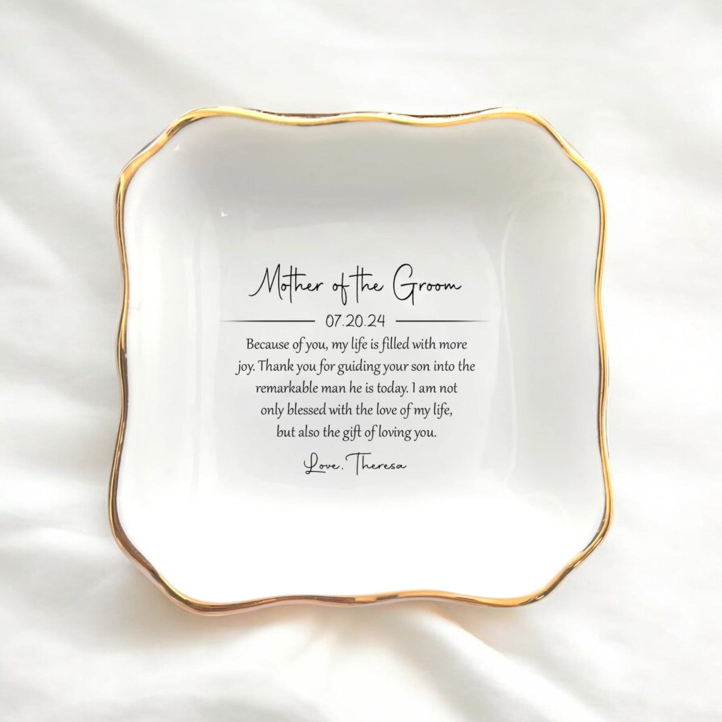 Personalized Mother of the Groom Ring Dish | Custom Jewelry Holder, Ceramic Trinket Tray - Thank you for guiding your son into the remarkable man he is today