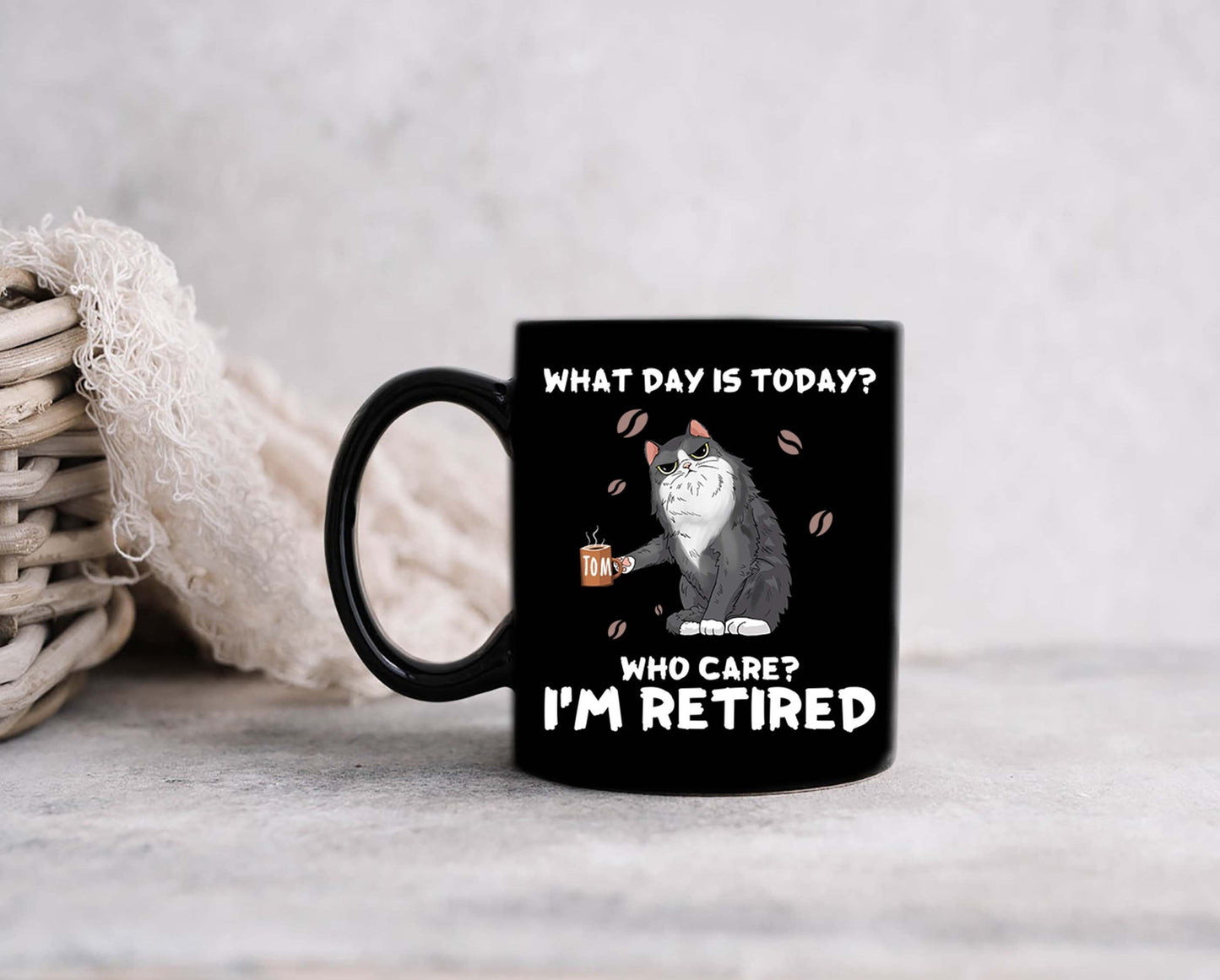 Cat Mom Cat Dad Retirement Black Mug-What Day Is Today? Who Cares? I'm Retired Cat Lovers Mug-Personalized Cat Gift-Cat Retirement Mug Gift