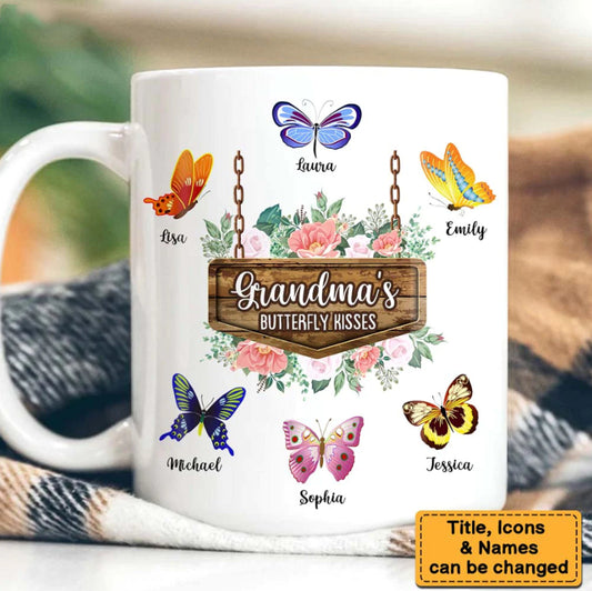 Grandma's Butterfly Kisses Personalized Mug, Grandma Mug, Custom Grandma Mug, Great Grandma Cup, Great Grandma, Grandparents Mug Set