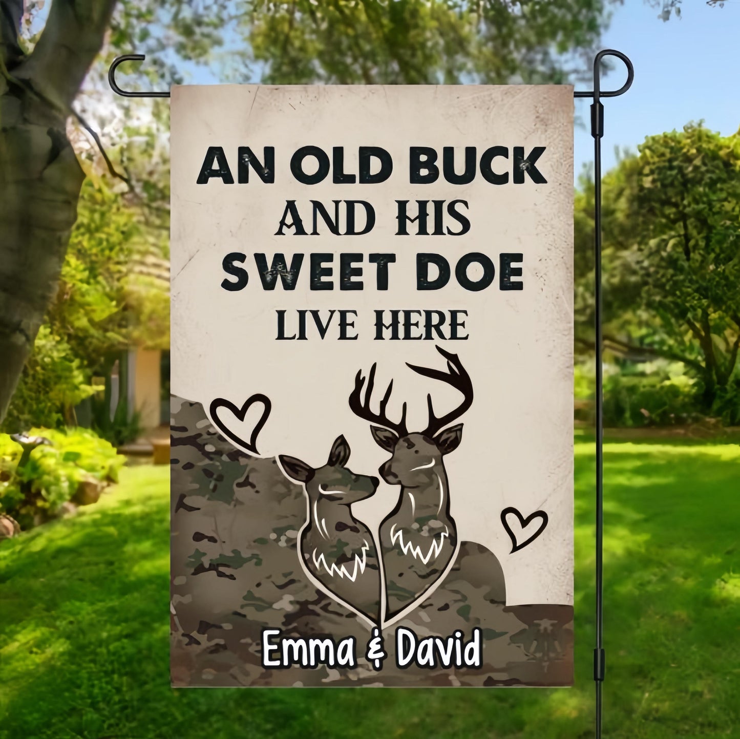 An Old Buck And His Doe Live Here Flag, House Flag, Hunting House Backyard, Spring Garden Flag, Couples Gift, Deer Garden Flag