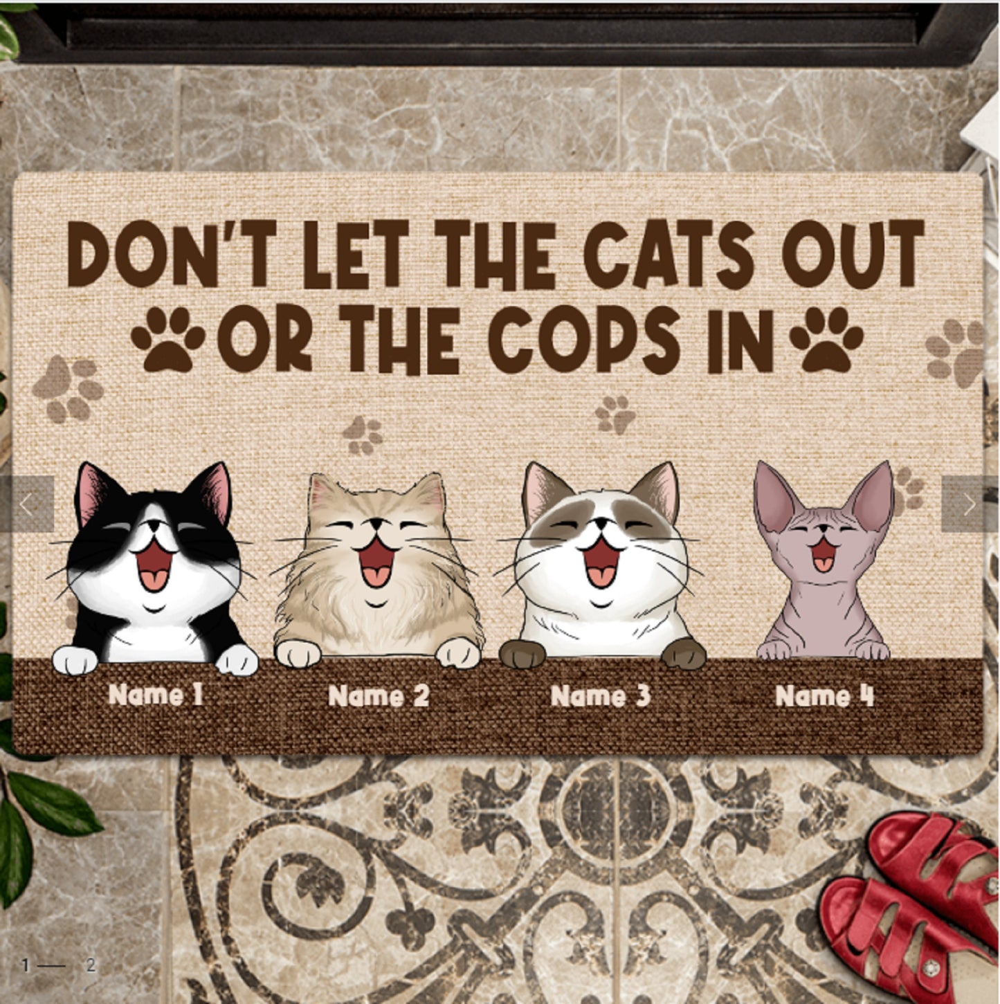 Personalized Cat Welcome Doormat, Cat Entrance Mat, Welcome People Tolerated Doormat, Housewarming Gift, Don't Let Cat Out Or The Cops In