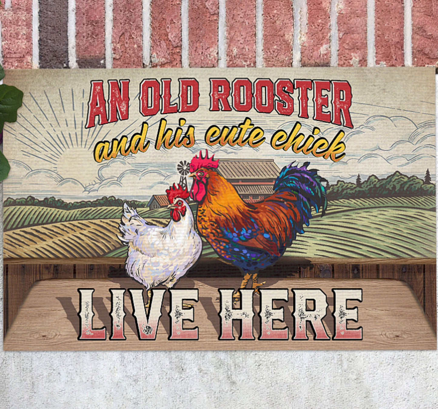 Couple Chicken Welcome Doormat, Front Doormat, Housewarming Gift, An Old Rooster And His Cute Chick Live Here Doormat, Home Decor