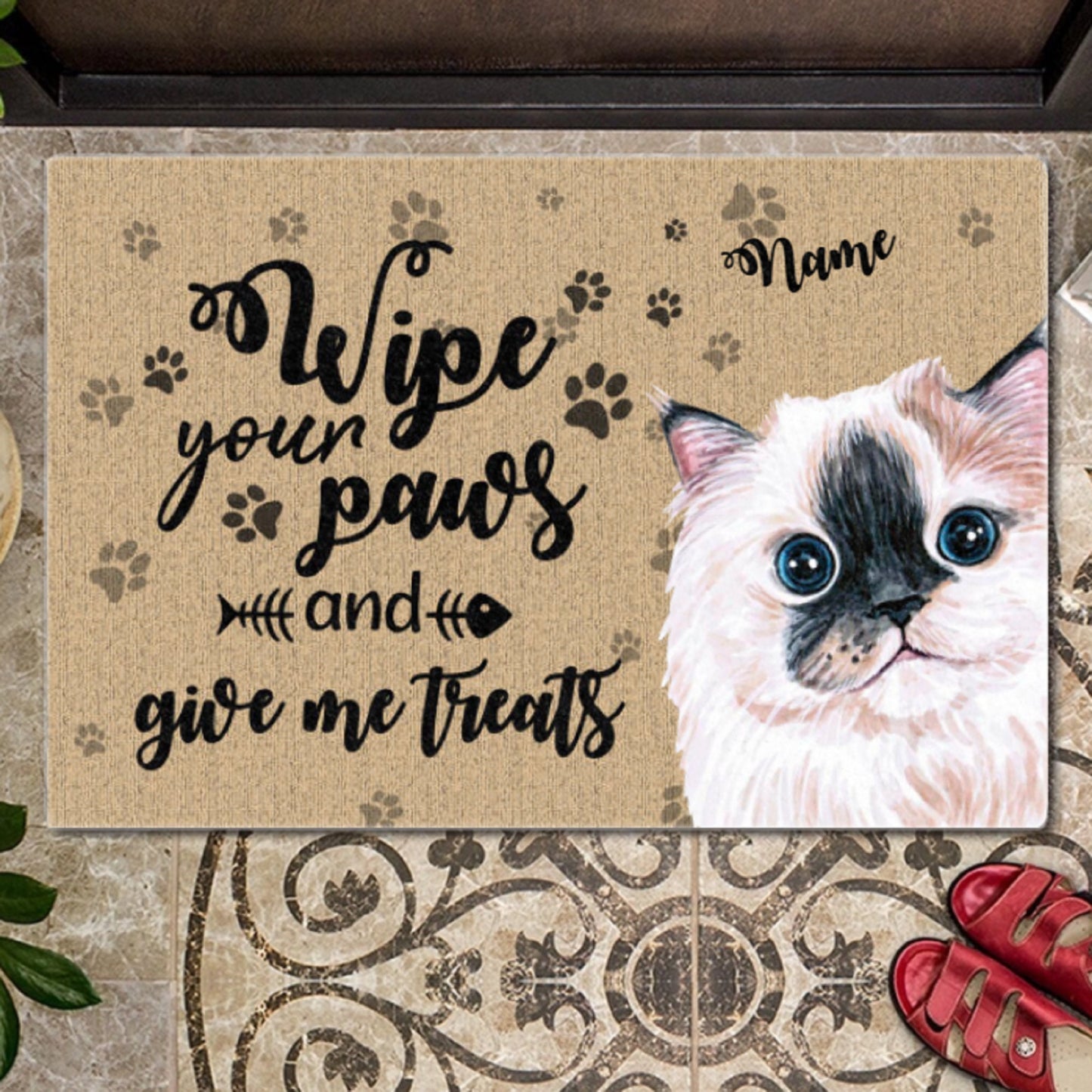 Personalized Funny Cat Welcome Doormat, Cat Entrance Mat, Welcome People Doormat, Housewarming Gift, Wipe Your Paws and Give Me Treats