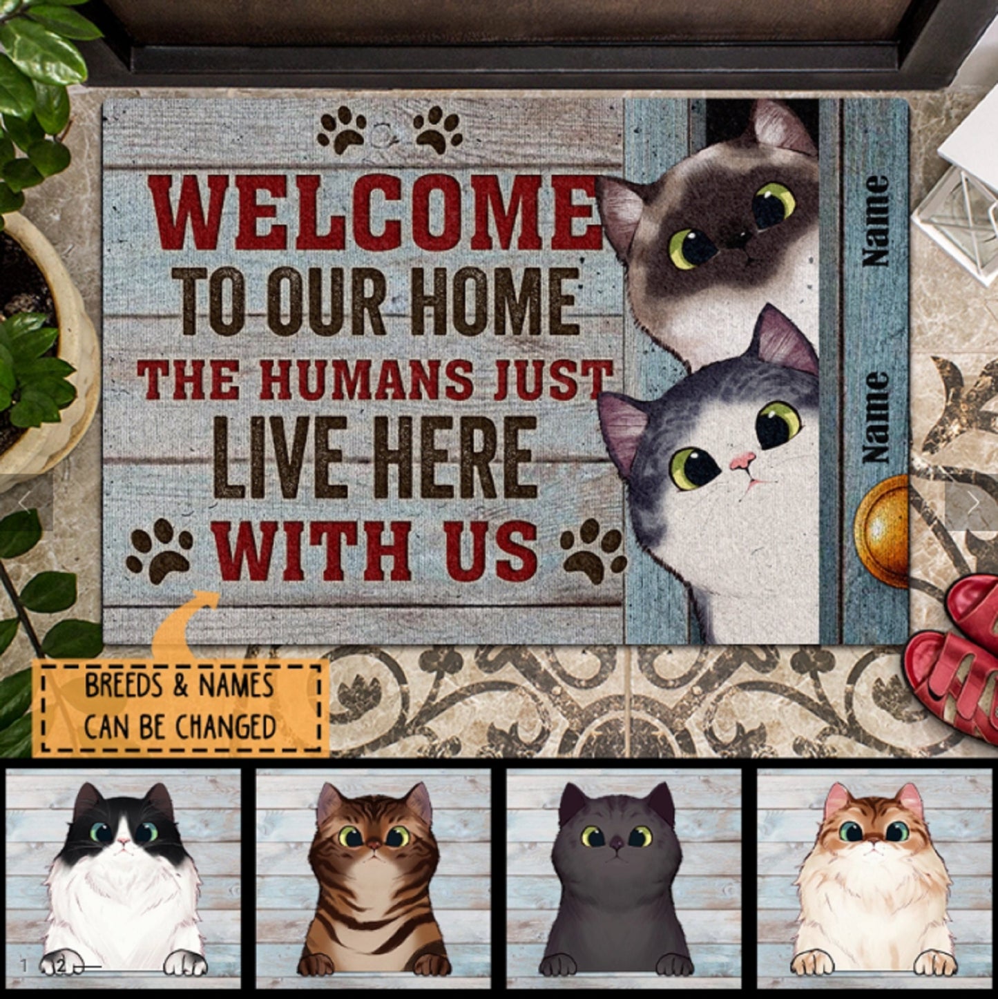 Personalized Cat Welcome Doormat, Cat Entrance Mat, Welcome Cat Doormat, Housewarming Gift, Welcome To Our Home Human Live Here With Us