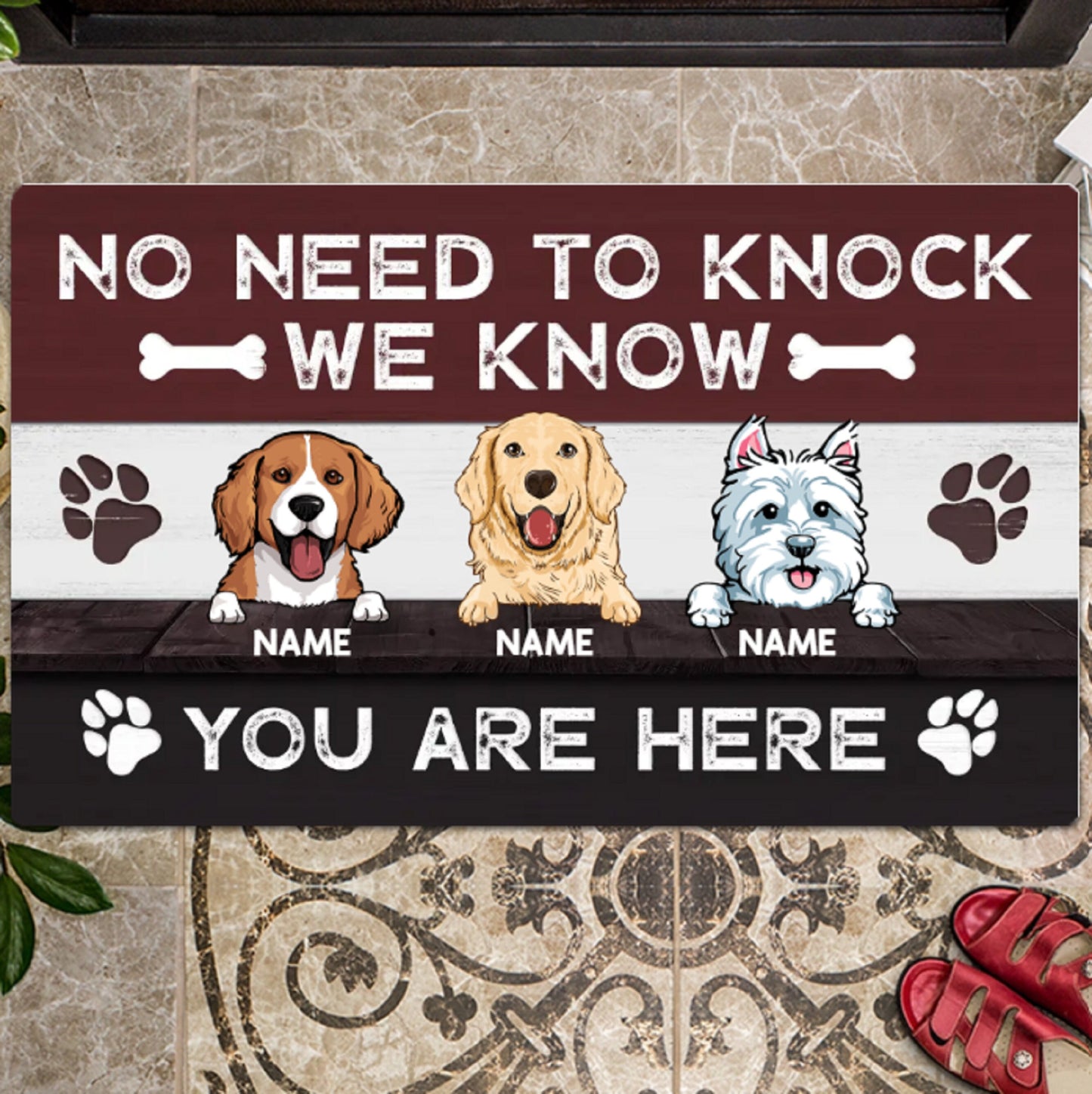 Personalized Dog Doormat, Funny Pet Entrance Mat, Dog Lover Gift, No Need To Knock We Know You Are Here, Cool Dog Rug, Housewarming Gift