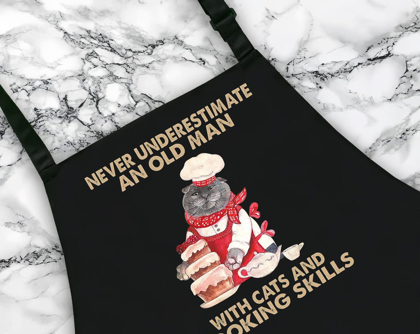 Never Underestimate An Old Man With Cat, Kitchen Apron For Cat Lovers, Apron with Pockets, Cooking Gift for Dad, Funny Apron, Grill Apron