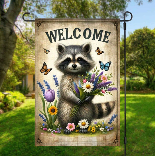 Cute Raccoon Garden Butterfly Flag, Farmhouse Flag, Spring Garden Flag, Raccoon Flag, Jungle Animal Flag, Outdoor Flag, Holiday Decor