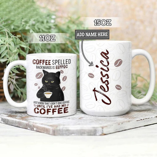 Personalized Coffee Eeffoc Backwards Funny Cat Mug, Custom Until I've Had My Coffee Black Cat Coffee Mug, Mom Cat Mug, Dad Cat Mug