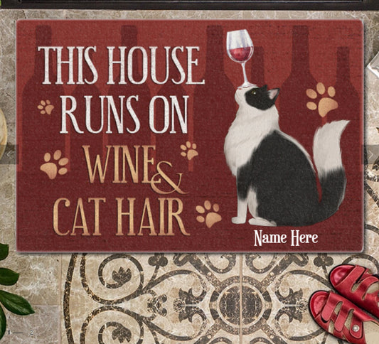 This House Runs On Wine And Cat Hair Personalized Cat Doormat, Funny Welcome Home Mat, Cat Entrance Mat, Welcome Mat, Housewarming Gift