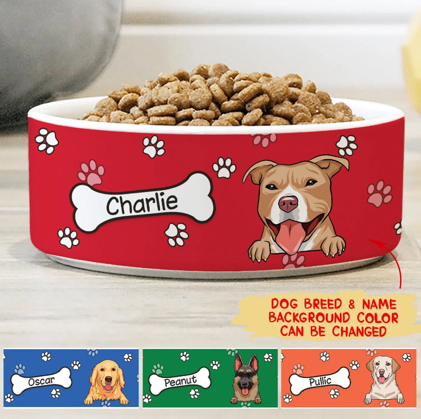 Colorful Dog Bowls with Name & Breeds Design, Personalized Dog Bowl, New Dog Gift, Dog Food Bowl, Dog Water Bowl, Pet Bowl, Dog Parents Gift