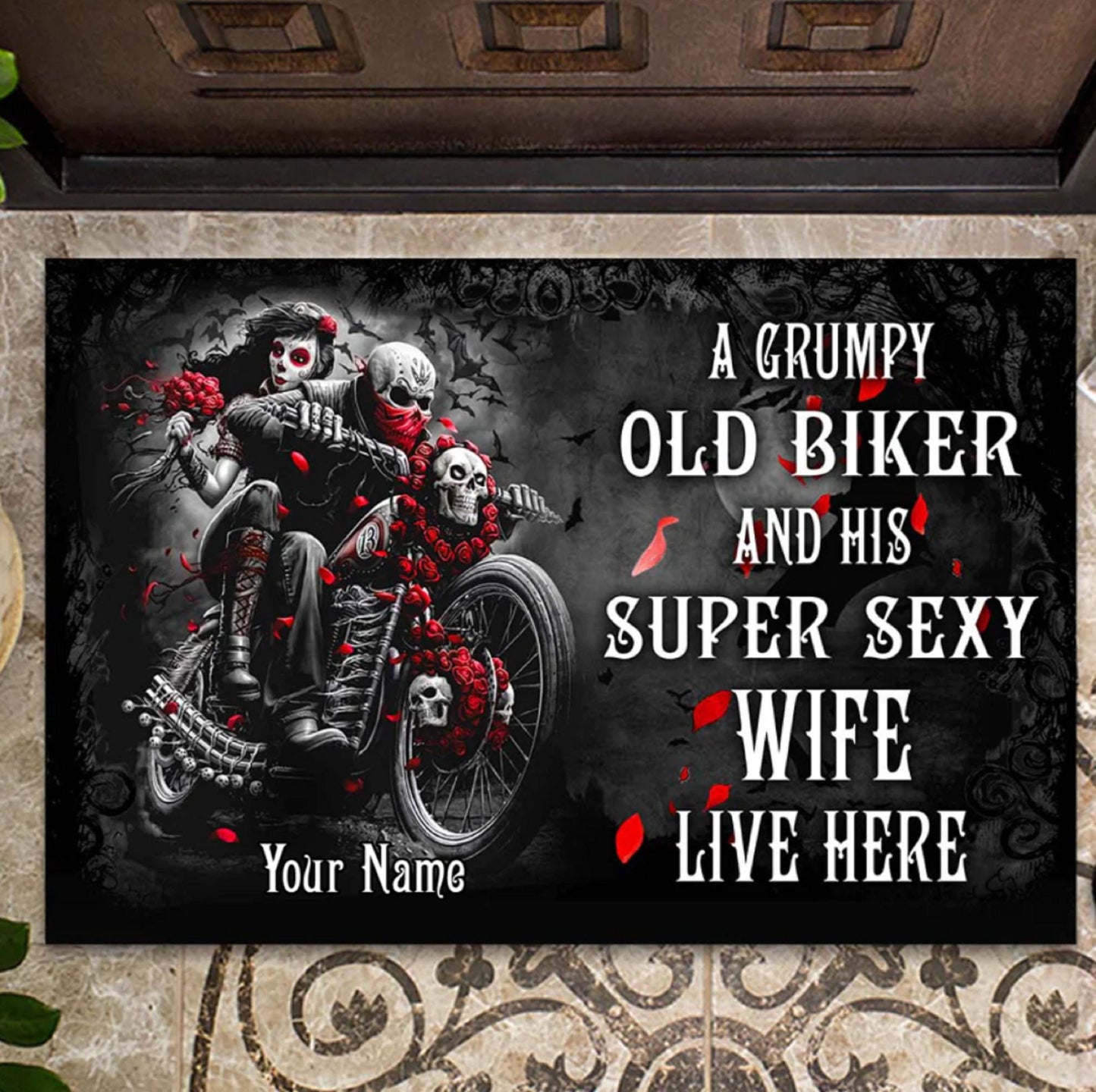 An Old Biker and His Wife Live Here Doormat, Gift for Motorcycle Lovers, Welcome Doormat, Front Doormat, Housewarming Gift, Couples Gift