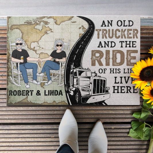 Personalized Couples Welcome Doormat, Front Doormat, Housewarming Gift, An Old Trucker And The Ride Of His Life Live Here, Anniversary Gift