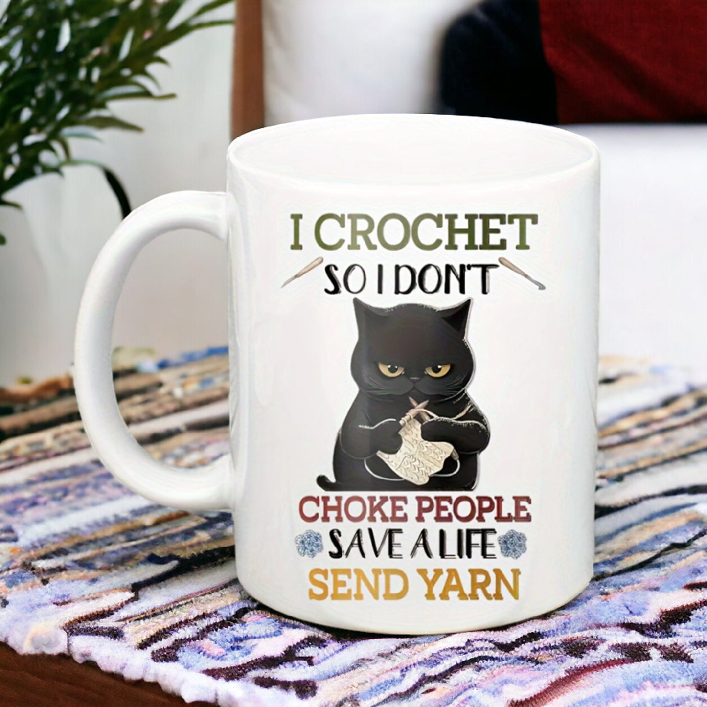 I Crochet So I Don't Choke People Mug, Cranky Cat Coffee Mug, Funny Cat Mug For Cat Lovers, Cat Parents Birthday Gifts, Cat Morning Mug