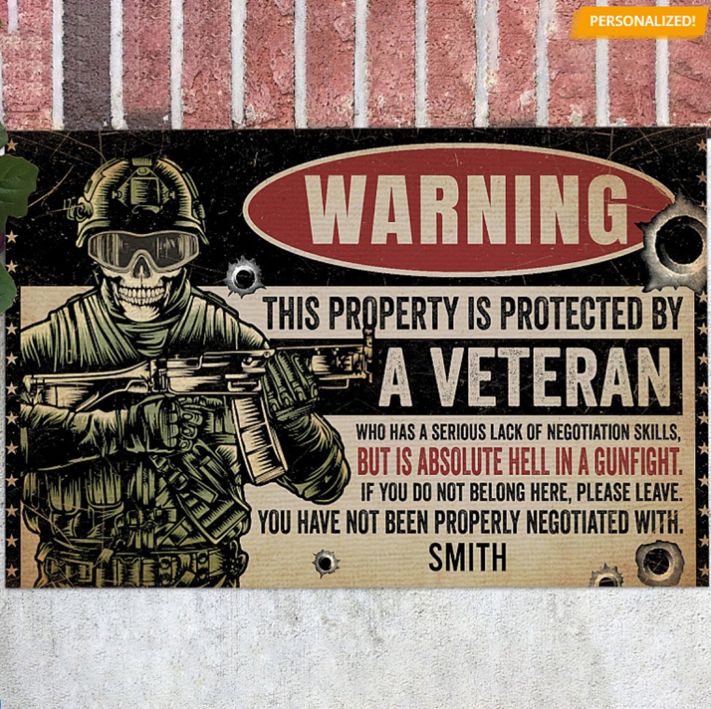 Personalized Family Welcome Doormat, Front Doormat, Housewarming Gift, Warning This Property Is Protected By A Veteran, Anniversary Gift