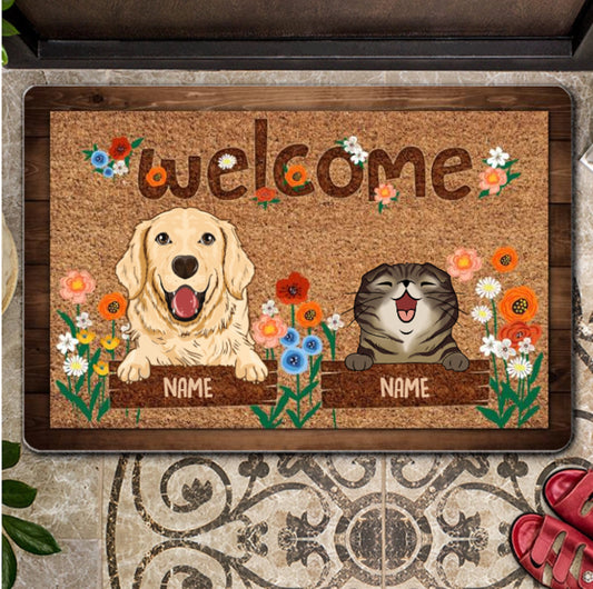 Personalized Pet With Flower Doormat, Dog Entrance Mat, Welcome People Doormat, Housewarming Gift, Funny Pet Front Doormat, Sentimental Gift