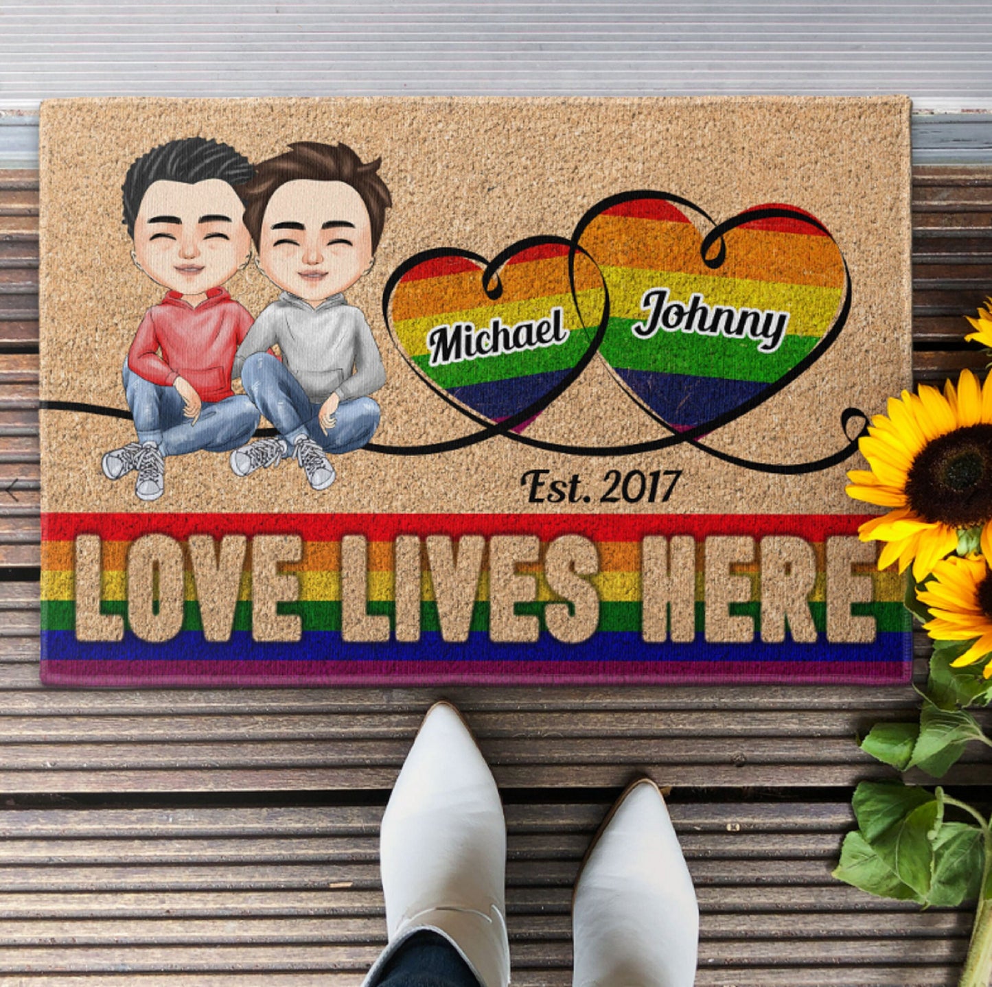 Love Lives Here Front Door Mat, Couple LGBT Welcome Doormat, Home Decor, Housewarming Gift, Home Sweet Home, Family Mat, Custom Chibi